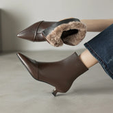 Women's winter leather sheepskin warm lamb wool pointed heel and calf side zipper retro Chelsea short Boots