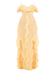 Lemon Cold Shoulder Ruffle Detail Maxi Dress