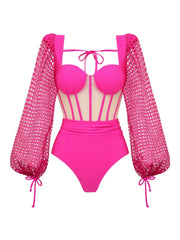 Fluorescent Pink Backless Swimsuit Set