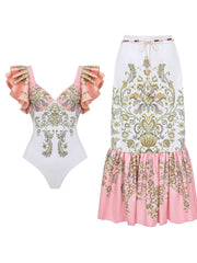 V Neck Ruffle Patchwork Ethnic Print Swimsuit