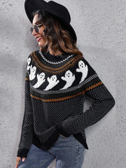 Literary Retro Ghost Pattern Round Neck Knitted Sweater