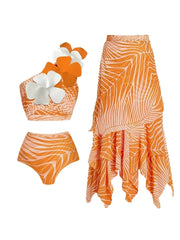 One-Shoulder Floral Salmon Print Bikini Set