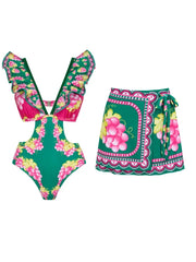 Ruffle Cutout One-Piece Short skirt Set