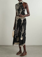 Satin Palm Tree Print Top & Midi Skirt Set