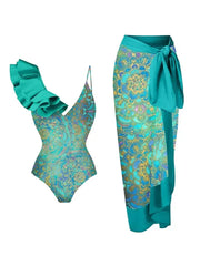 Boho Ruffle Print One Piece Swimsuit Set
