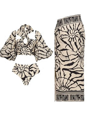 Halter Printed Swimsuit Set with Detachable Sleeves