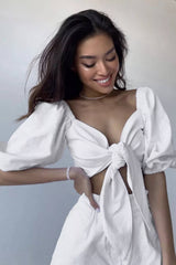 Linen Wrap Front Tie Puff Sleeve Shorts Sets In White