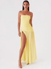 Solid Color Strapless High-Waist Split Hem Panelled Dress