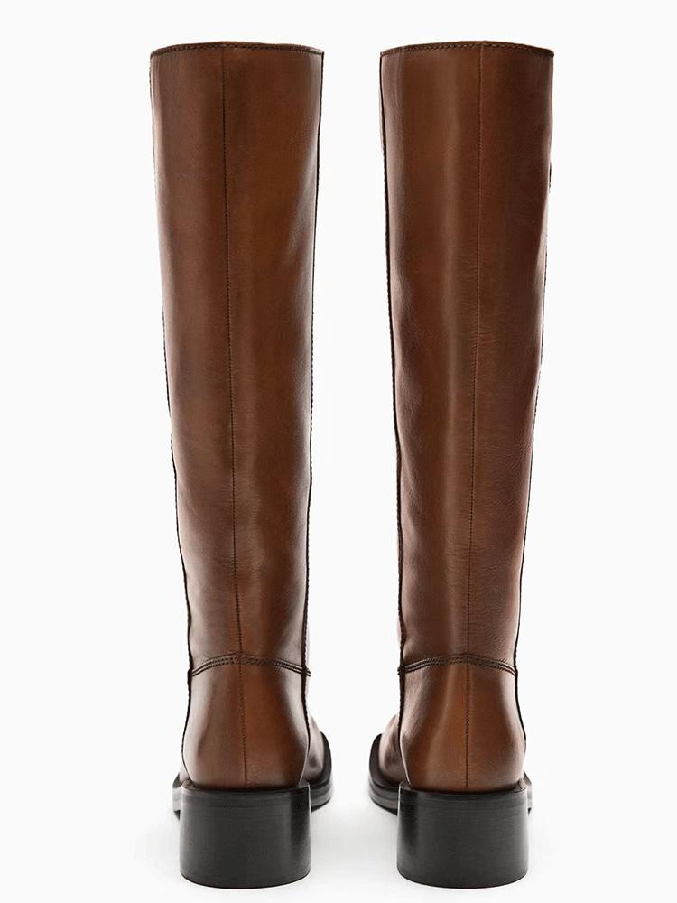Square toe flat knee boots for women retro thick heel long boots
