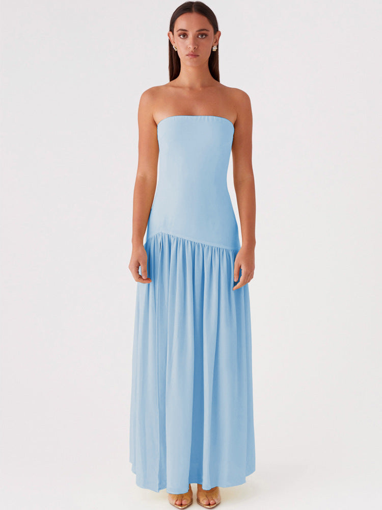 Solid Color Strapless High-Waist Split Hem Panelled Dress