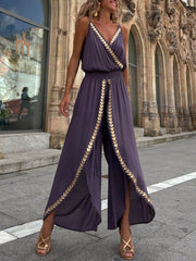 Unique Gold Trim Cross-Neck Elastic Waist Drawstring Slit Jumpsuit