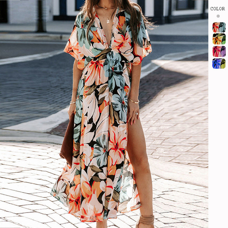 High Split V-Neck Print Dress