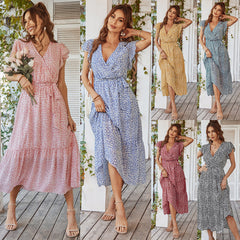 Deep V Polka Dot Casual Long Dress
