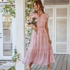 Deep V Polka Dot Casual Long Dress