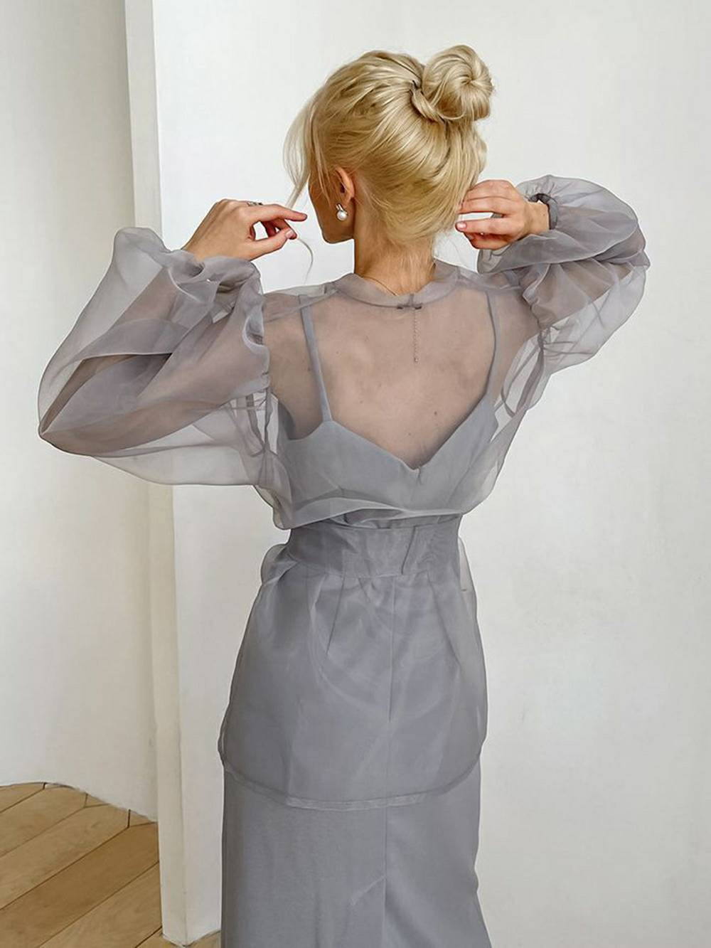 Sheer Top V Neck Long Puff Sleeves Bow Tie Chic Blouse
