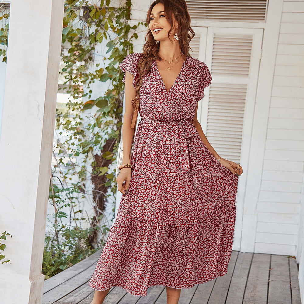 Deep V Polka Dot Casual Long Dress