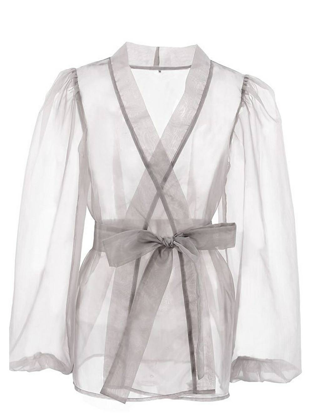 Sheer Top V Neck Long Puff Sleeves Bow Tie Chic Blouse