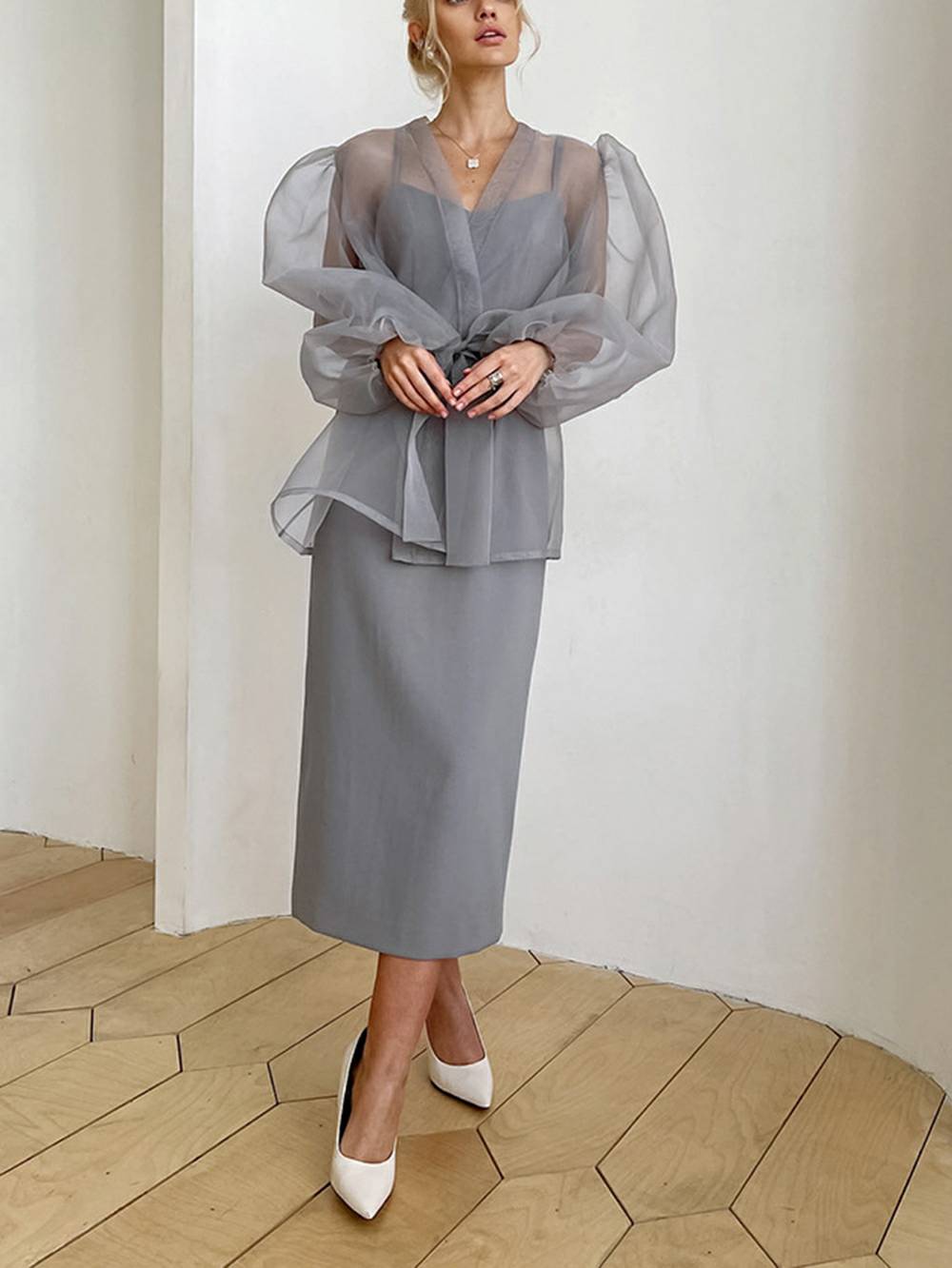 Sheer Top V Neck Long Puff Sleeves Bow Tie Chic Blouse
