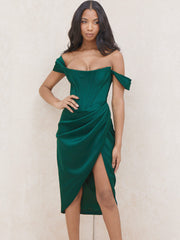 Cap Shoulder Corset Bodycon Midi Dress - Dark Green