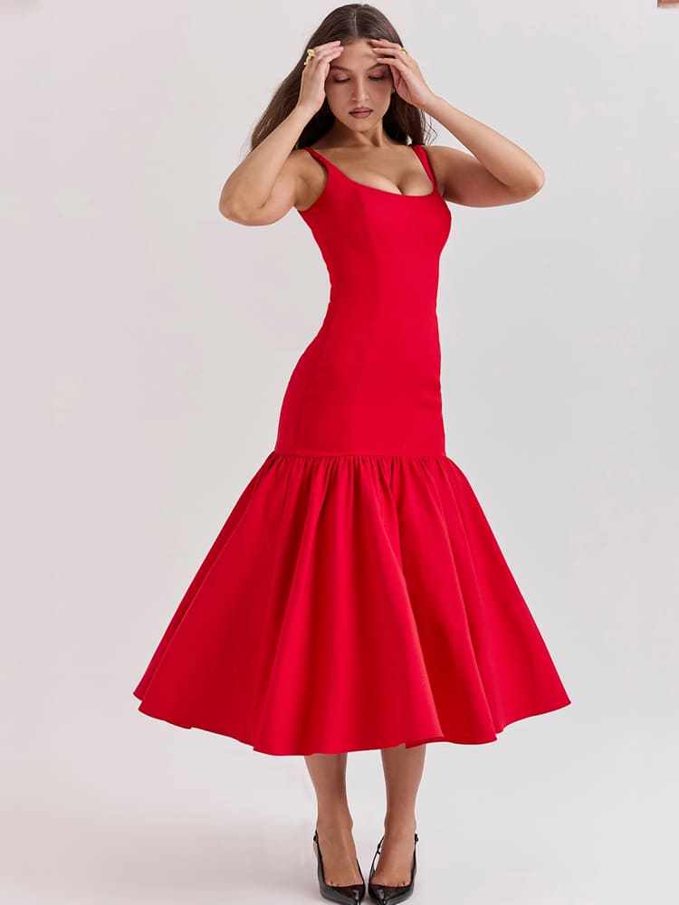 Low-Waist Bodycon Midi Dress - Scarlet Red