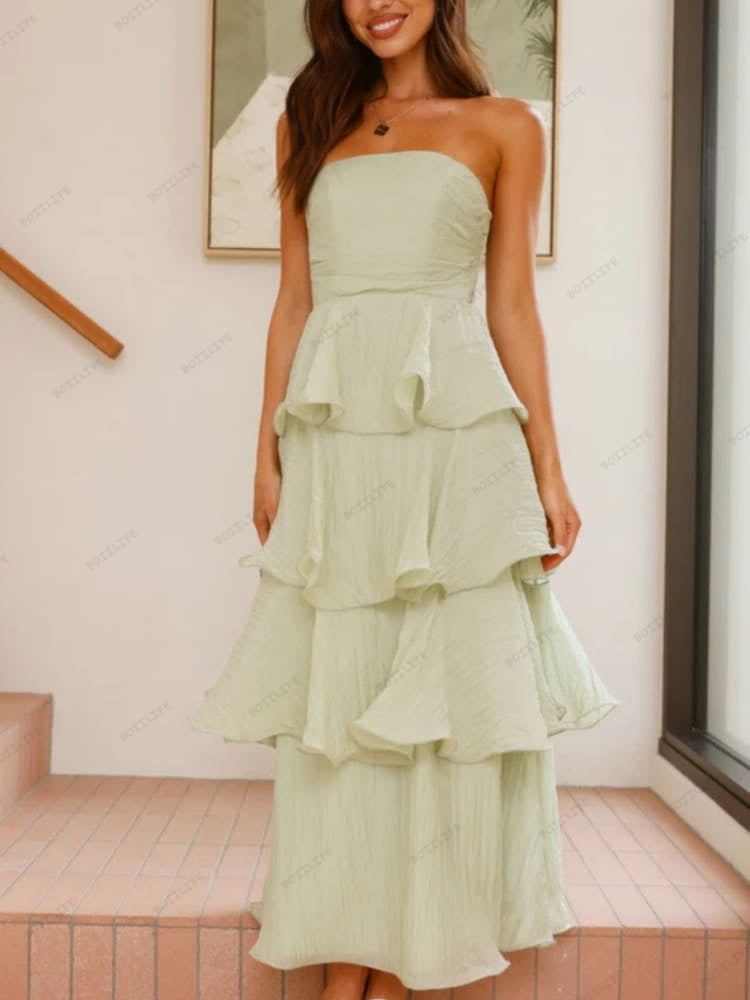 Chic Strapless Backless Tiered Midi Dress