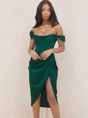 Cap Shoulder Corset Bodycon Midi Dress - Dark Green