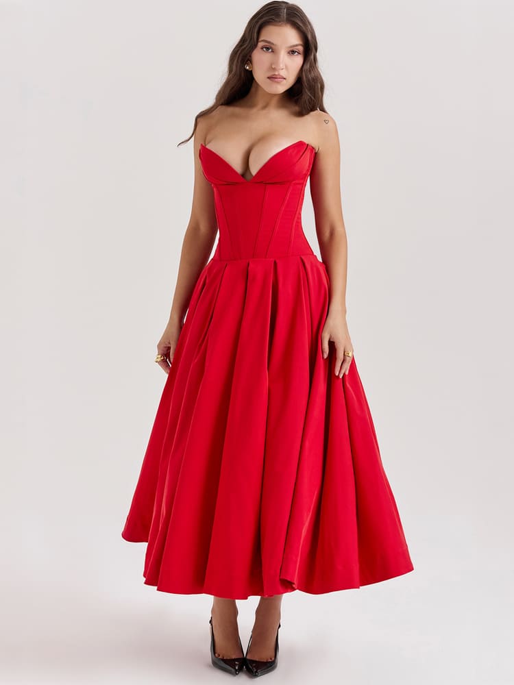 Low-Waist Bodycon Midi Dress - Scarlet Red