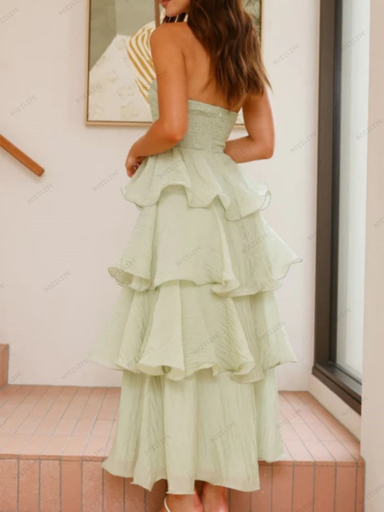Chic Strapless Backless Tiered Midi Dress