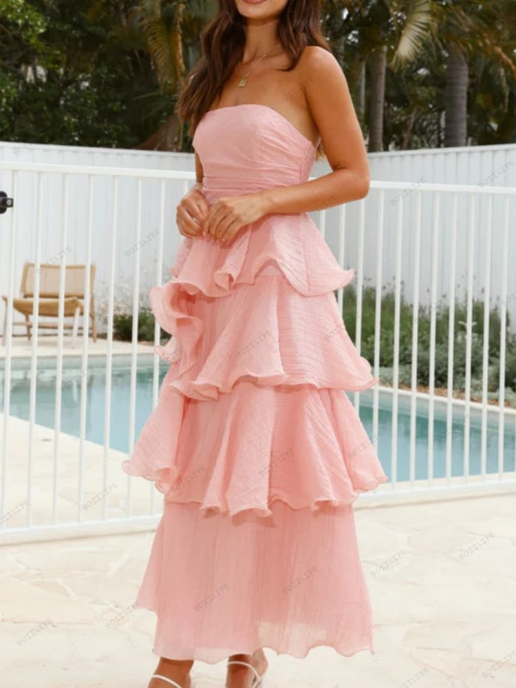 Chic Strapless Backless Tiered Midi Dress