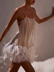 Backless Fringed Mesh Sequin Miniskirt
