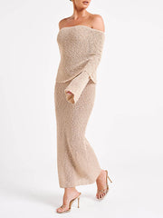 Off Shoulder Boucle Maxi Dress