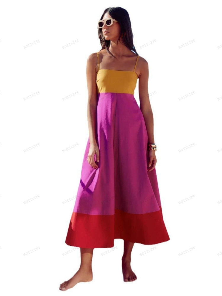 Vacation-Style Color Block Spaghetti Strap Dress