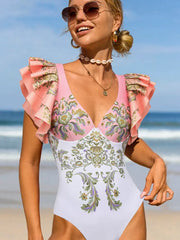 V Neck Ruffle Patchwork Ethnic Print Swimsuit