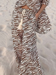 Button Open Collar Loose Zebra Print Drawstring Wide Leg Pants-Set