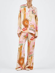 Unique Printed Casual Shirt Top and Elastic Waist Loose Pants Set