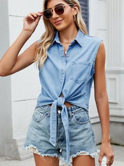 Washed Denim Tie-Front Shirt