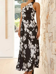 Pleated One-Shoulder Cut-Out Waist Floral Gown