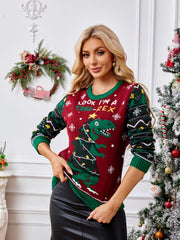 Crewneck Embroidered Sweater â€?Christmas Tree & Dinosaur