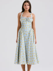 Soft Blue Vintage Floral Print Backless Tank Dress