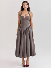 Halter Neck Midi Dress with Side Slit - Smoky Gray