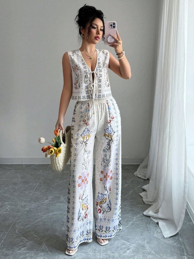 Tie-Up Vest & Wide-Leg Pants Set â€?Sky Blue Print