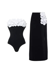 3D Floral Strapless Black Swimsuit