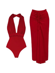 Deep V Halter Solid One Piece Swimsuit Set