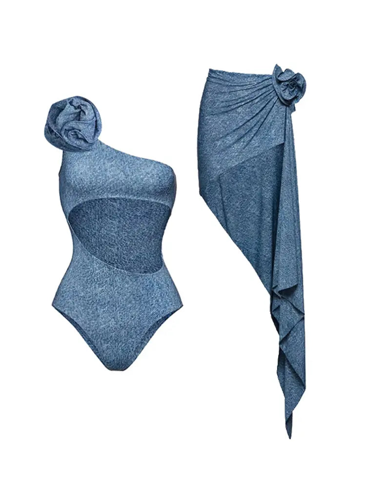 3D Floral One-Shoulder Monokini