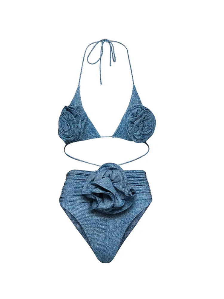 3D Floral Halter Bikini Set