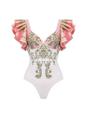 V Neck Ruffle Patchwork Ethnic Print Swimsuit
