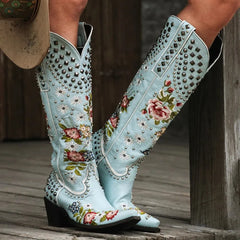 Flower Embroidered Rivet Western Cowboy Boots