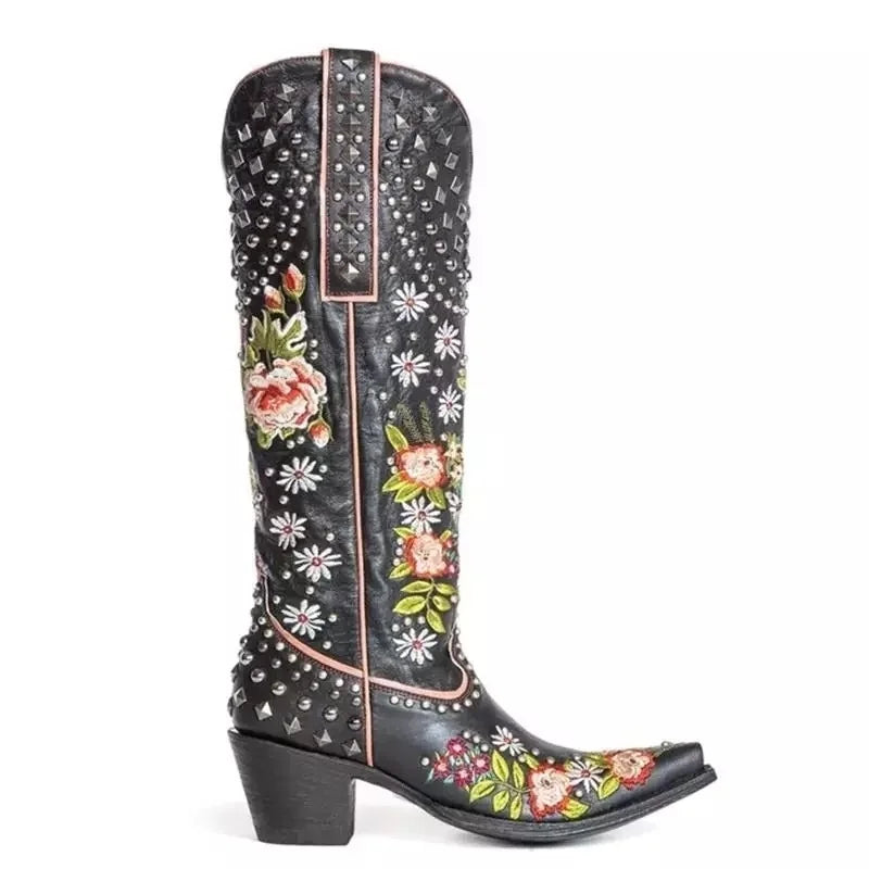 Flower Embroidered Rivet Western Cowboy Boots