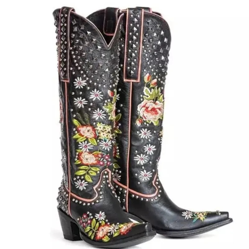 Flower Embroidered Rivet Western Cowboy Boots