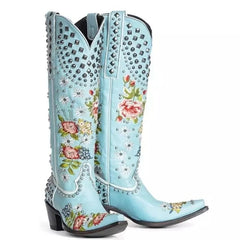 Flower Embroidered Rivet Western Cowboy Boots